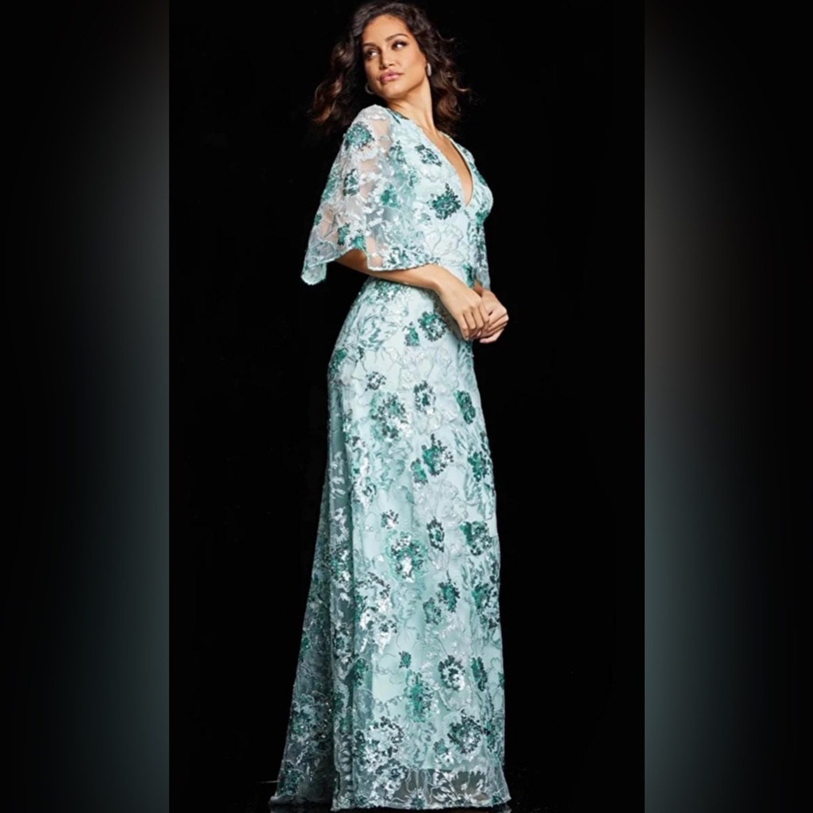 Jovani 26923 Mid Sleeves Embroidered Floral Gown - Mint - 2 - New With Tags
